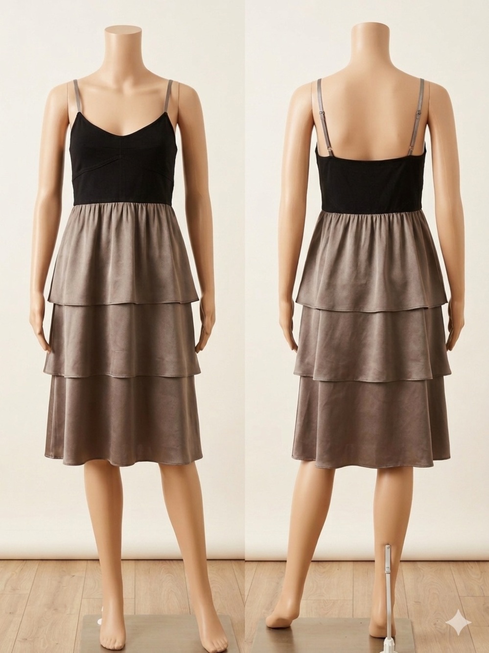 Theory Two-Tone Tiered Spaghetti Strap Mini Dress - Black & Taupe